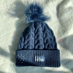 swarovski women’s navy blue beanie with pom pom